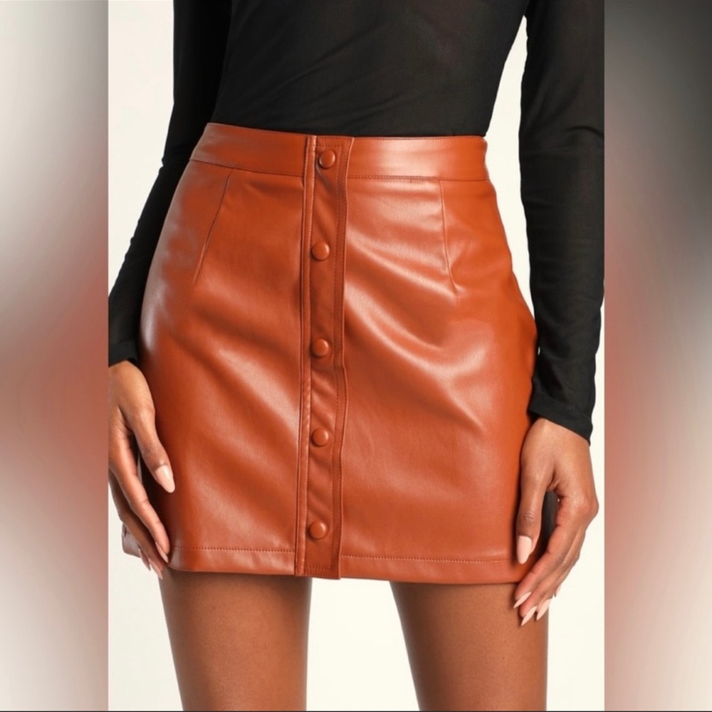 New Lulus Most Fab Brown Vegan Leather Button-Front Mini Skirt size M